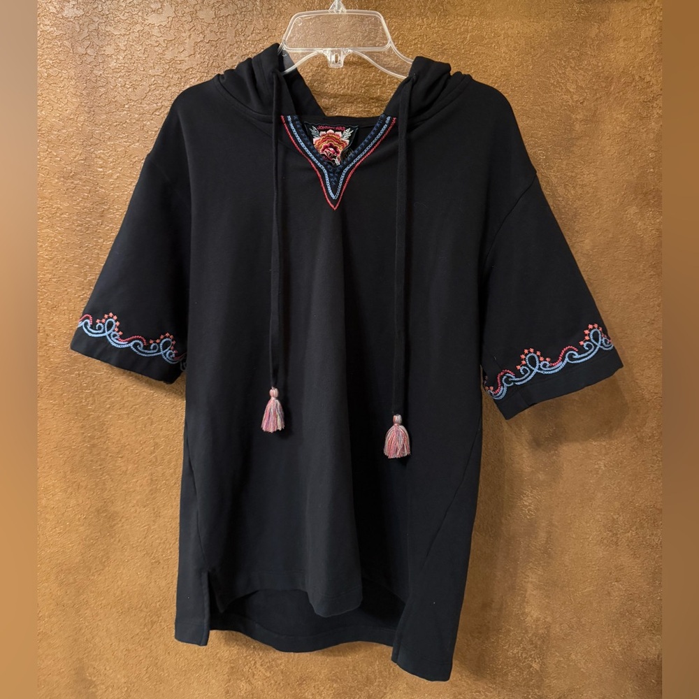 Johnny Was Black Floral Embroidered Notched Neck Pullover Hoodie Size Small - Picture 3 of 7